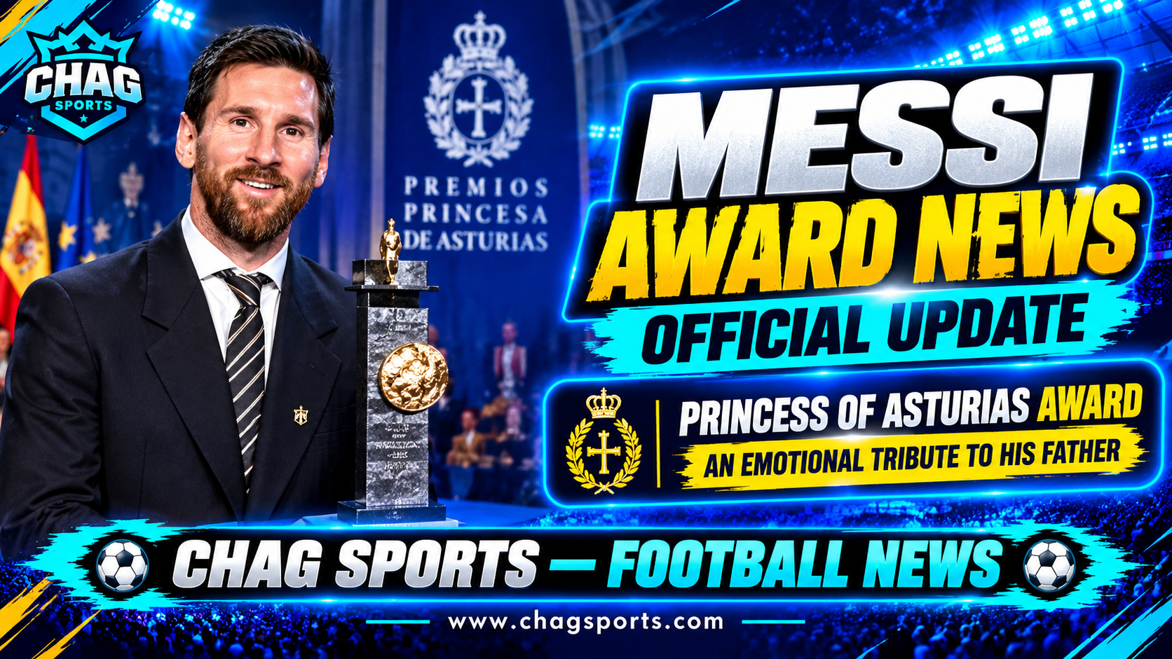 Lionel Messi in a formal suit standing beside the Princess of Asturias Award trophy during the award ceremony.
