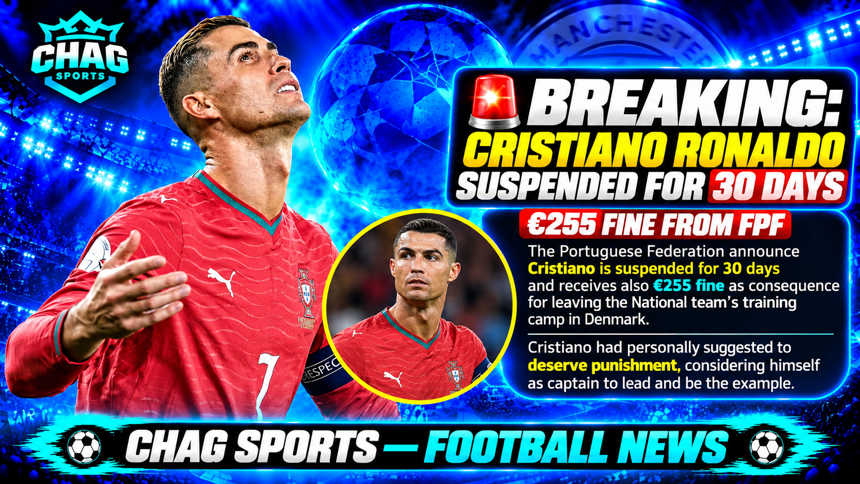 Cristiano Ronaldo in Portugal’s red national team jersey featured in a Chag Sports breaking football news graphic reporting a 30-day suspension and €255 fine from the Portuguese Football Federation (FPF).