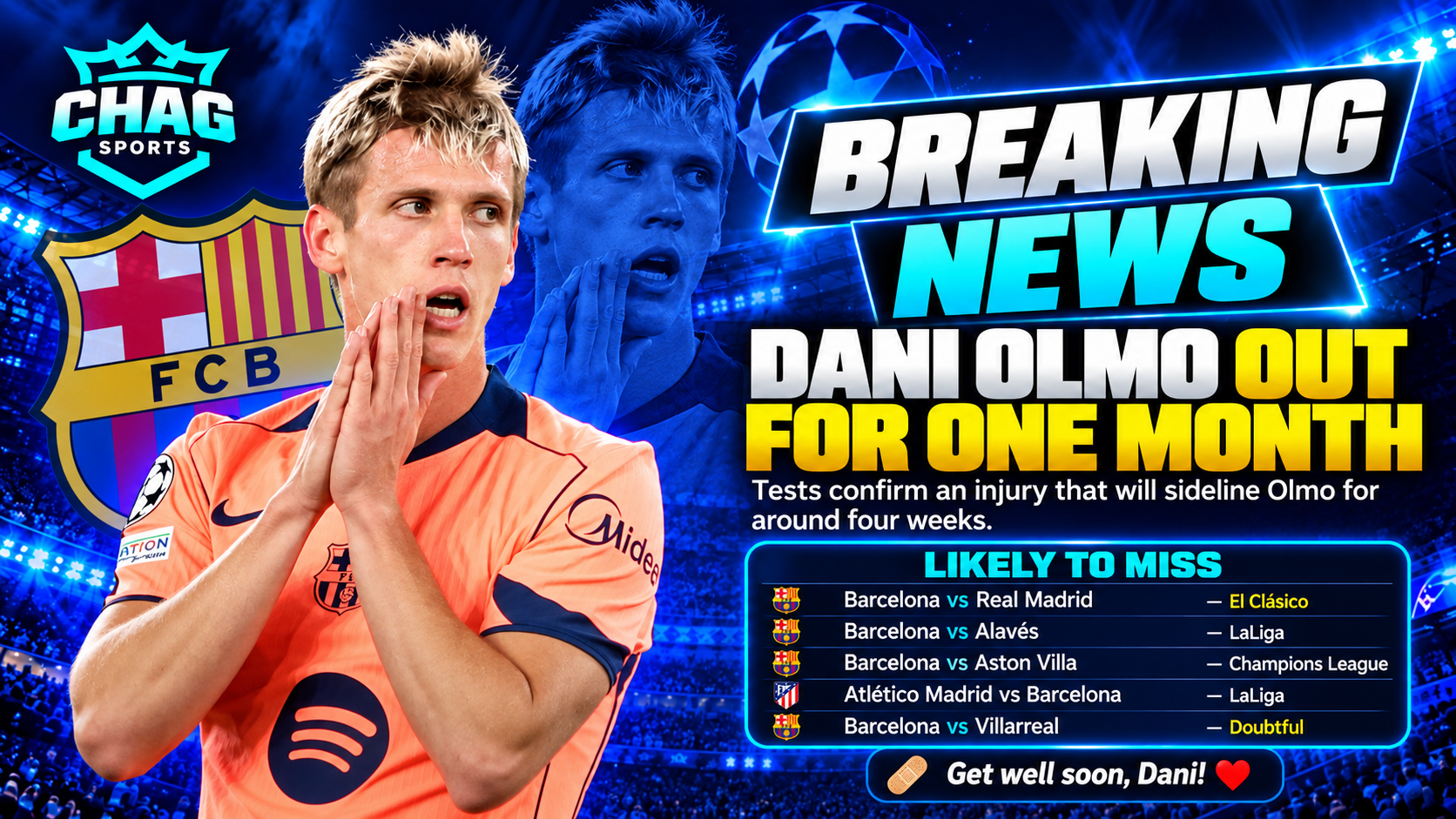 Dani Olmo in a CHAG SPORTS breaking-news graphic announcing his reported four-week injury absence from Barcelona, with a blue Champions League stadium background, Barcelona crest, and a list of matches he could miss, including El Clásico against Real Madrid.