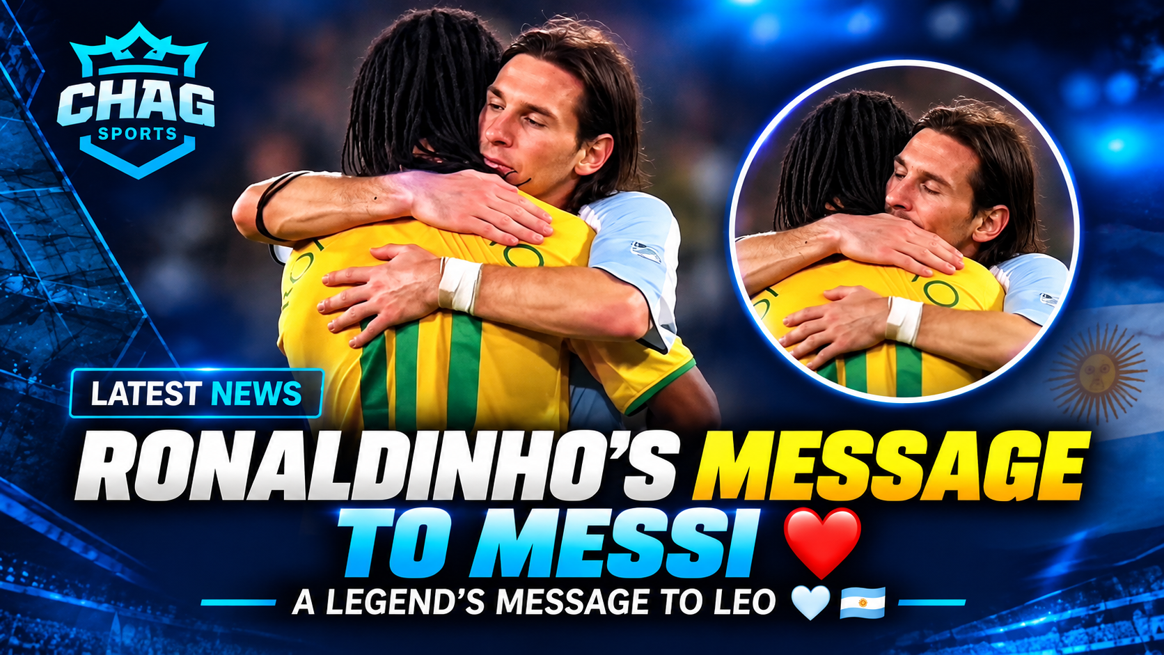 Ronaldinho embracing Lionel Messi during a football match