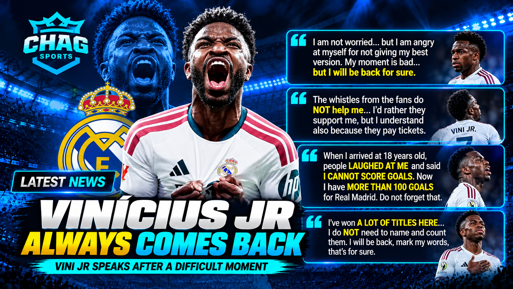 Vinícius Jr. in a Real Madrid jersey with the headline “Always Comes Back,” highlighting his determination to overcome criticism and return to his best form.