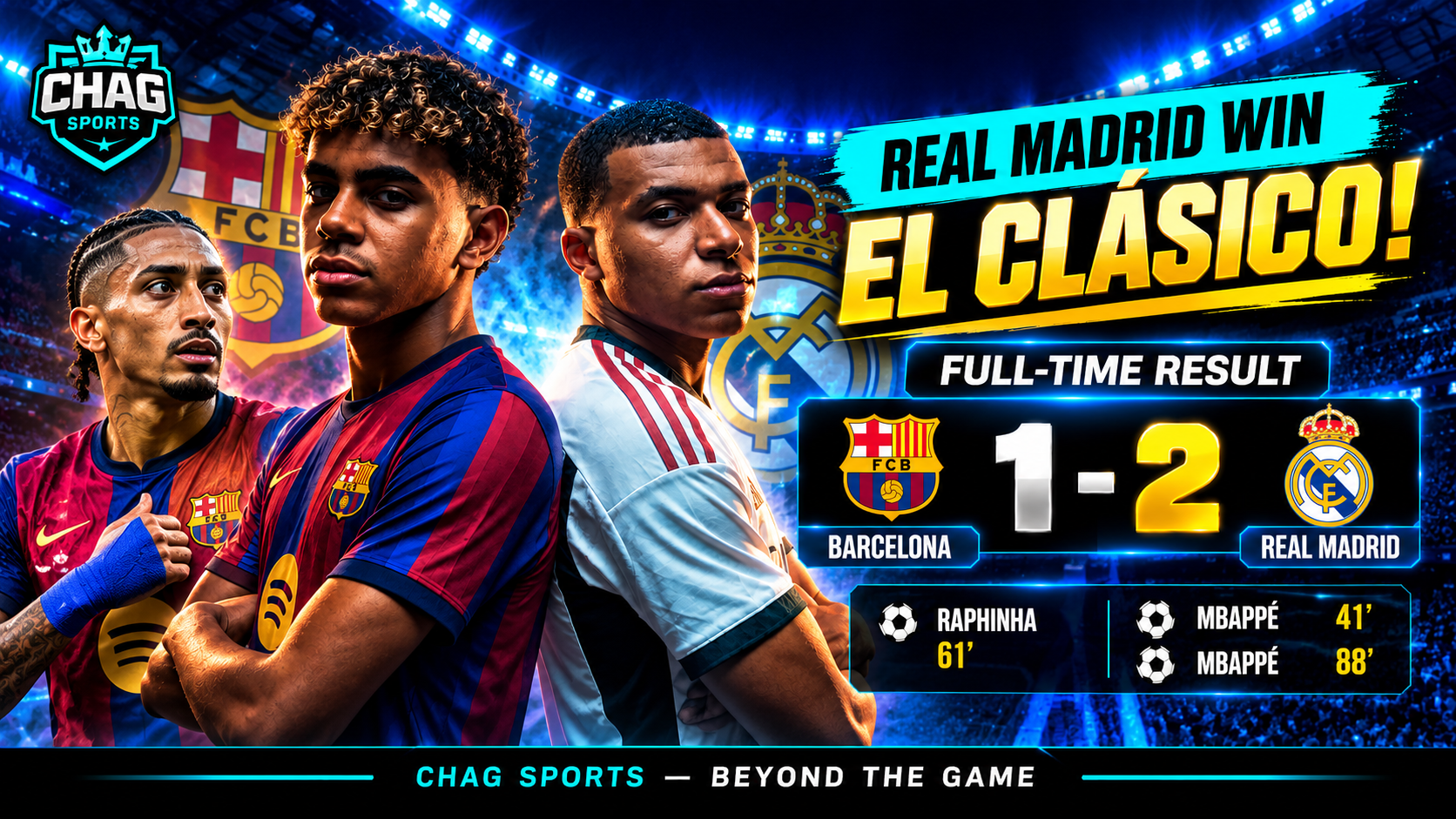 Real Madrid and Barcelona players featured in Chag Sports’ El Clásico match report following Real Madrid’s 2–1 victory.