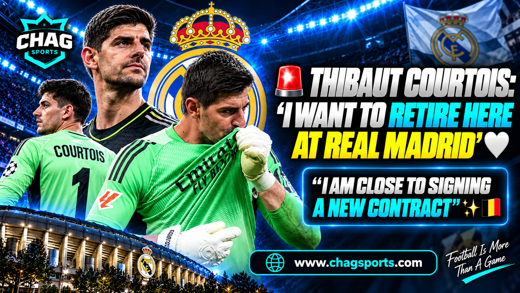 Thibaut Courtois in his Real Madrid goalkeeper kit amid reports of a potential new contract.