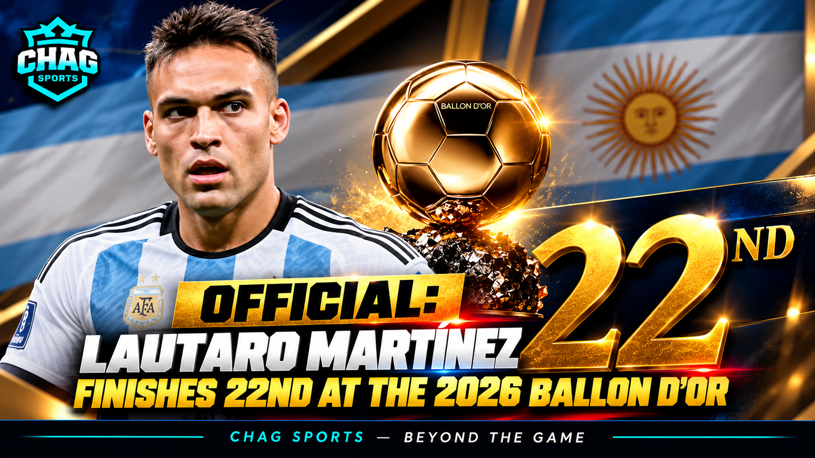 Lautaro Martínez alongside the Ballon d’Or trophy, highlighting his reported 22nd-place finish in the 2026 rankings.
