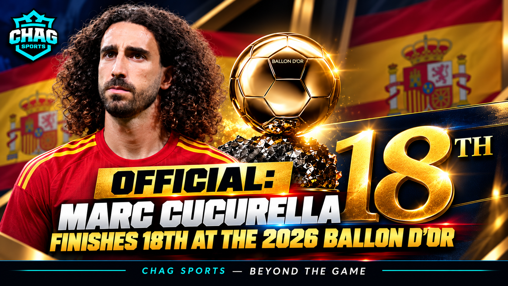 Marc Cucurella in a Spain-inspired jersey alongside the Ballon d’Or trophy, highlighting his reported 18th-place finish in the 2026 rankings.