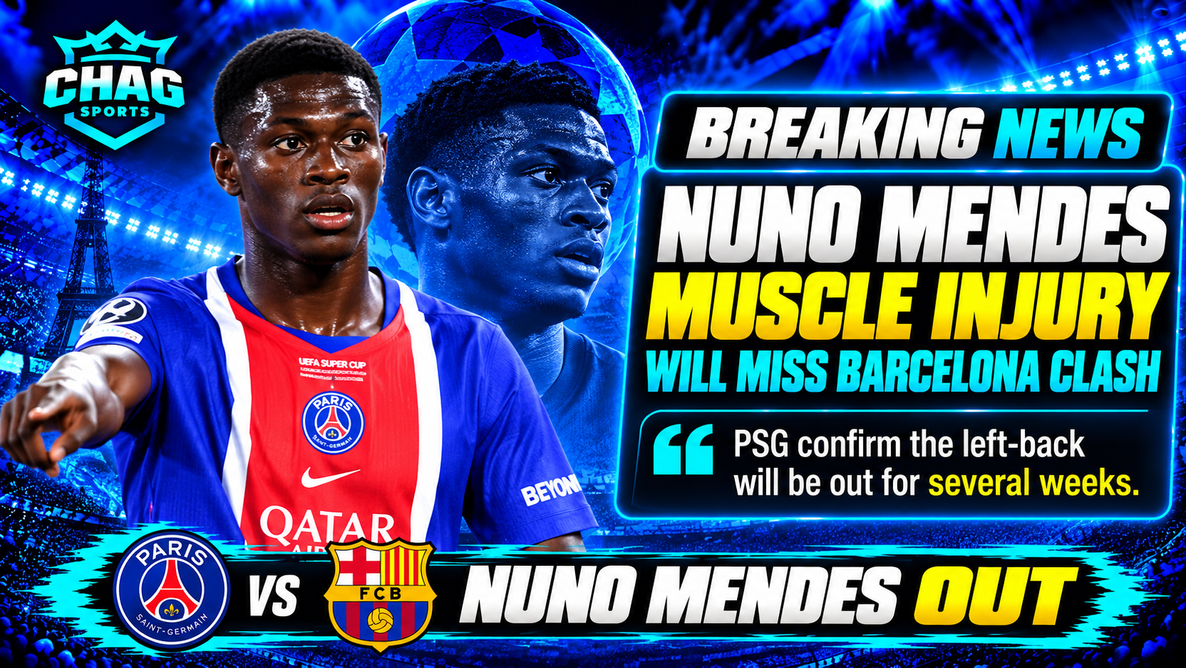 Nuno Mendes PSG injury news graphic announcing his muscle injury and absence from the upcoming Barcelona clash for several weeks.