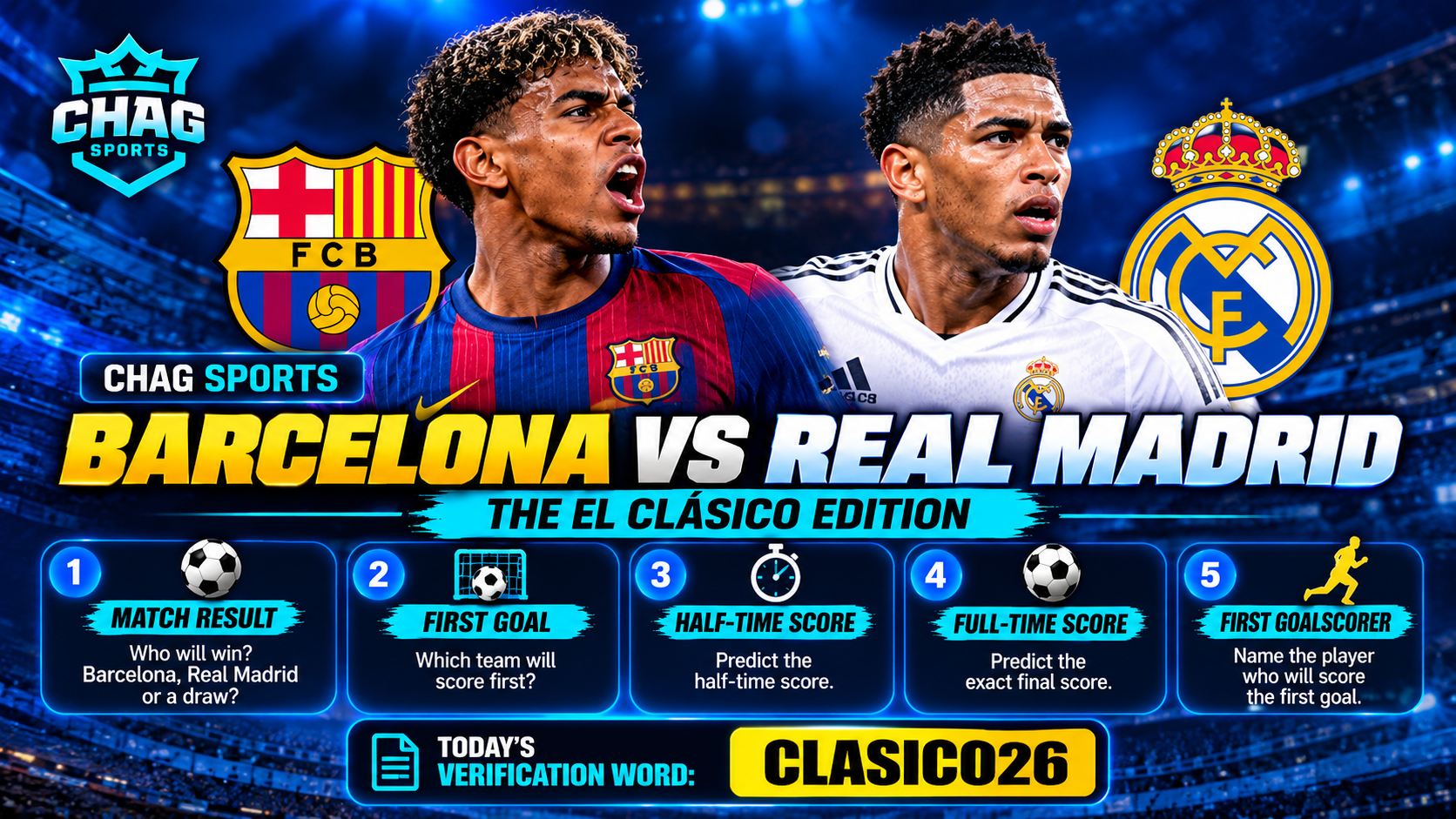 Barcelona vs Real Madrid El Clásico Sunday Challenge graphic by Chag Sports, featuring Kylian Mbappé and Lamine Yamal, promoting five match predictions and verification word CLASICO26.