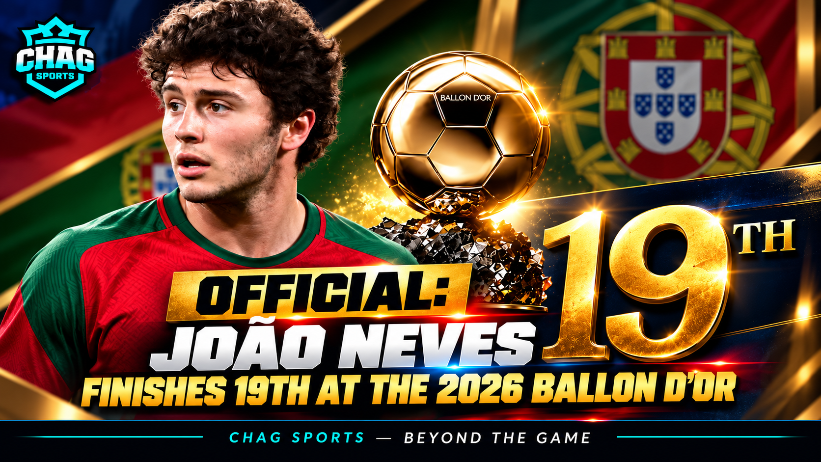João Neves in a Portugal-inspired jersey alongside the Ballon d’Or trophy, highlighting his reported 19th-place finish in the 2026 rankings.