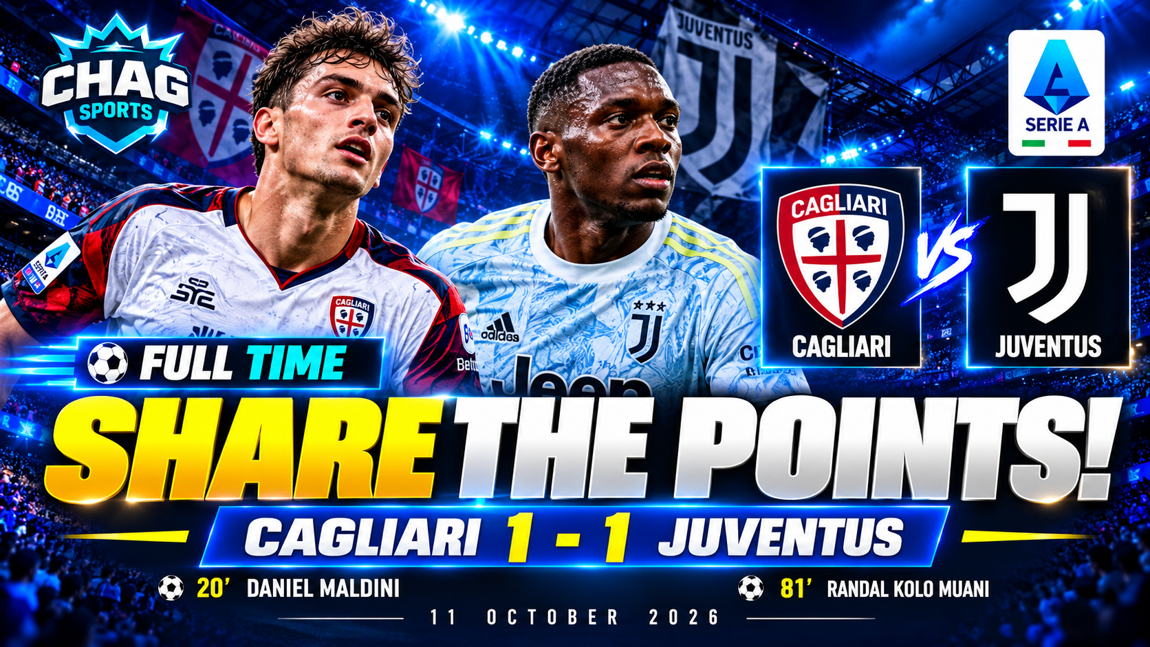 Cagliari vs Juventus Serie A full-time result, 1–1 draw on 11 October 2026, with Daniel Maldini and Randal Kolo Muani in their team jerseys.
