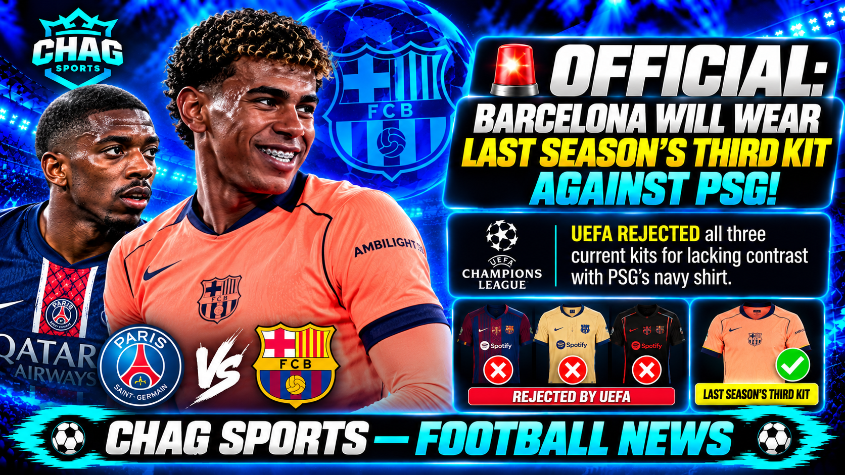 Lamine Yamal wearing Barcelona’s orange third kit alongside a PSG player ahead of the Champions League clash.