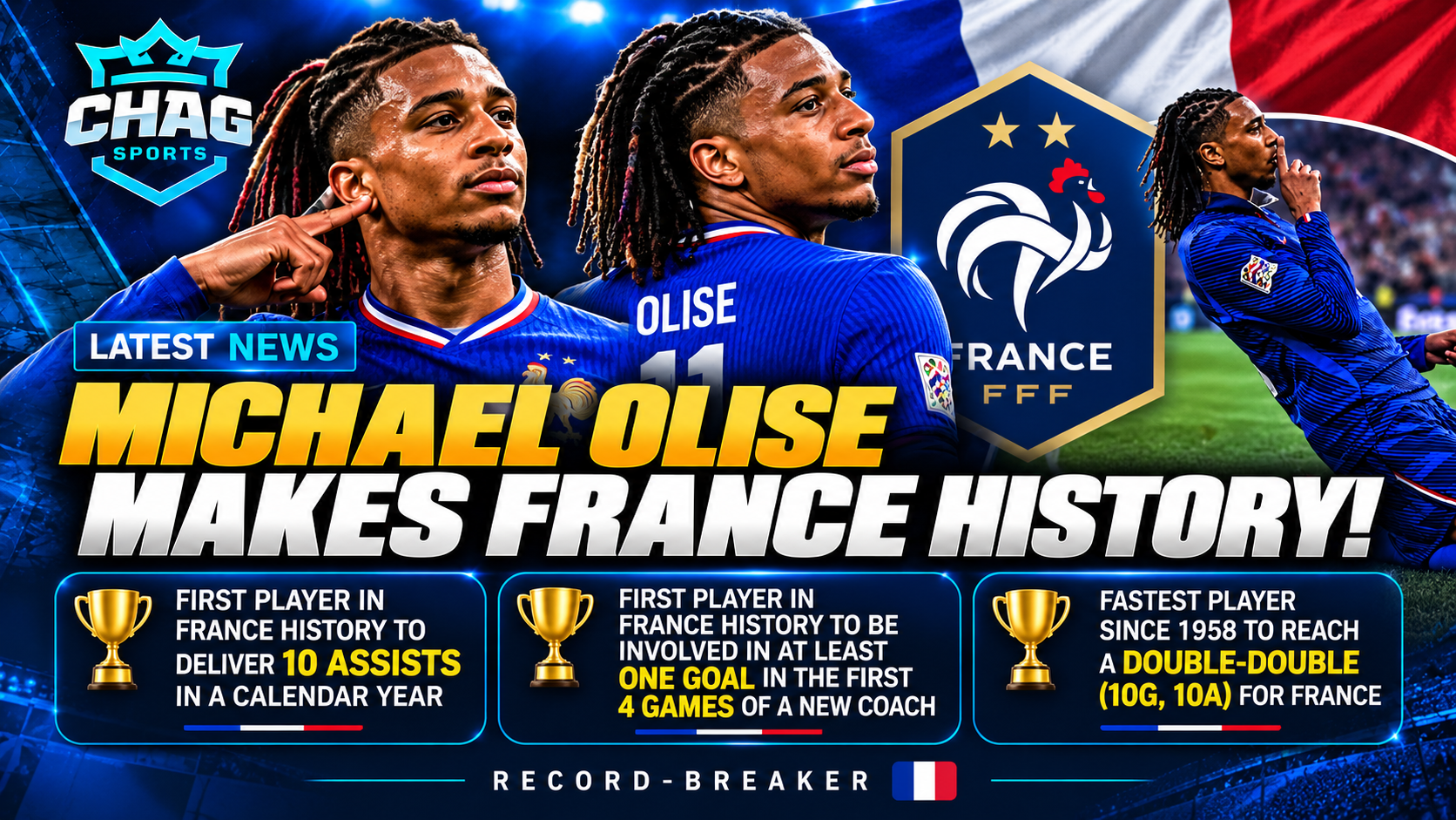 Michael Olise celebrates after his record-breaking performance for France