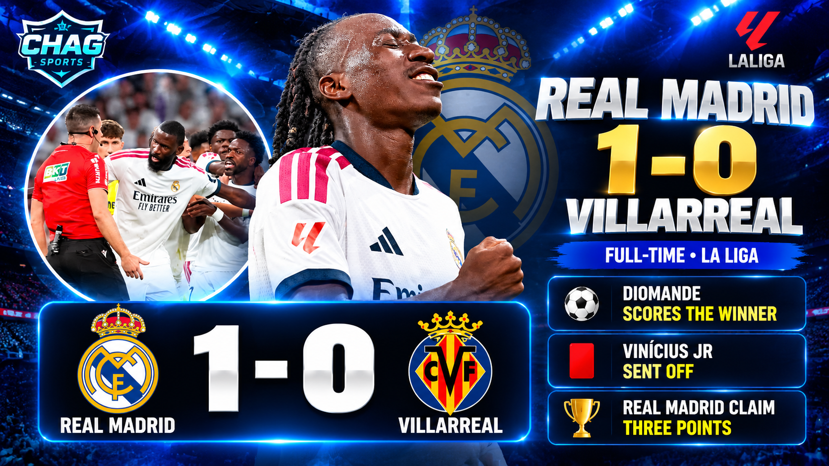 Real Madrid 1–0 Villarreal full-time result featuring Yan Diomande and Vinícius Júnior, with Chag Sports La Liga match highlights.