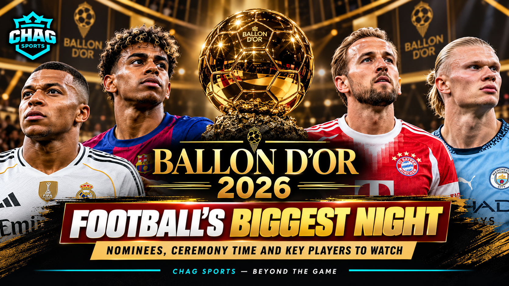Ballon d’Or 2026 feature graphic with leading football stars and the golden trophy.