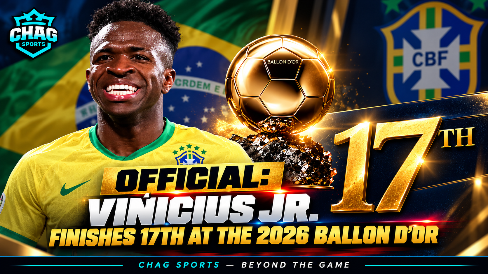 Vinícius Júnior in Brazil colours alongside the Ballon d’Or trophy, highlighting his reported 17th-place finish in the 2026 rankings.