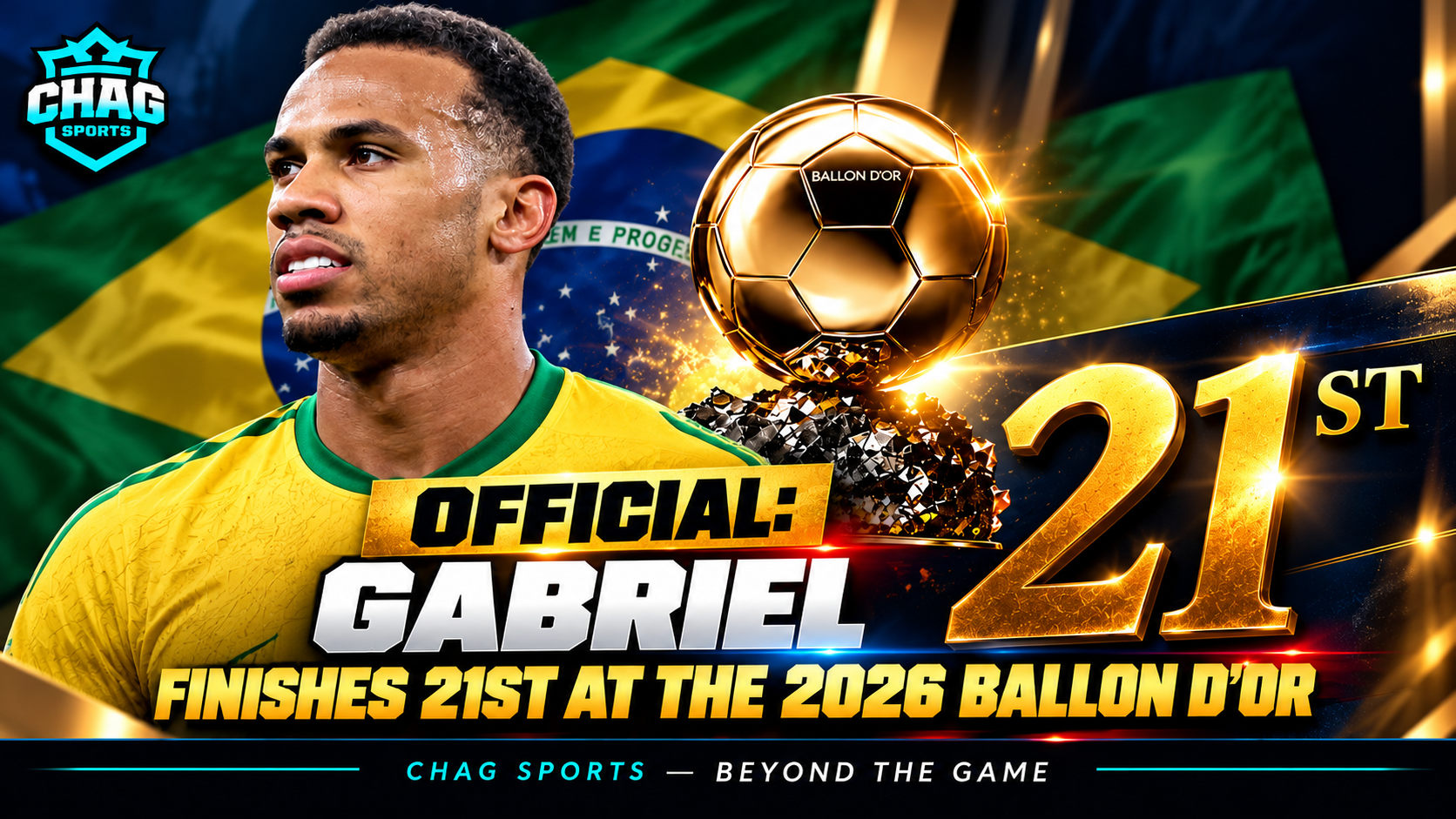 Gabriel Magalhães in a Brazil-inspired yellow jersey alongside the Ballon d’Or trophy, highlighting his reported 21st-place finish in the 2026 rankings.