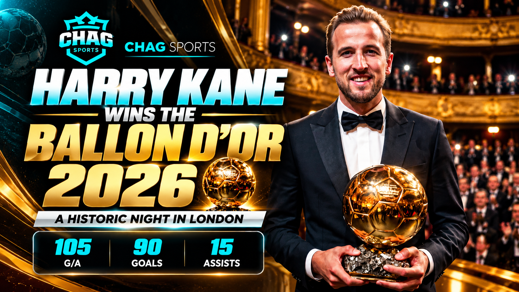 Harry Kane holding the Ballon d’Or trophy at the 2026 awards ceremony, CHAG SPORTS football news graphic.