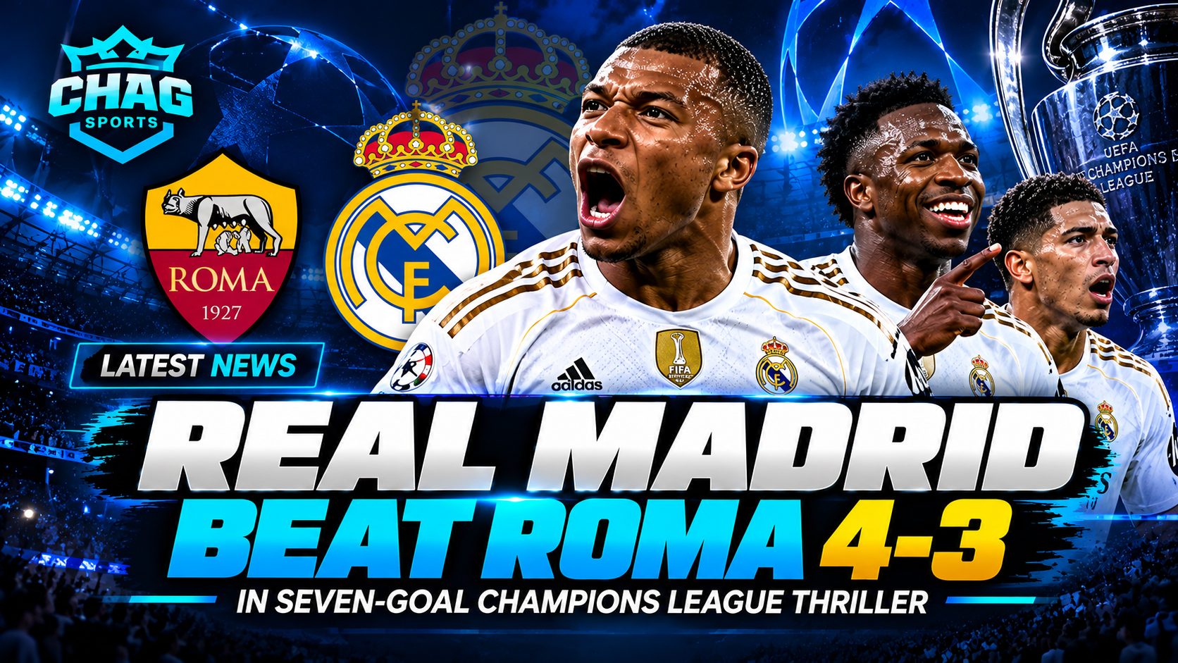 Real Madrid players celebrate their dramatic 4–3 victory over AS Roma in a seven-goal thriller, featuring Chag Sports football news branding.