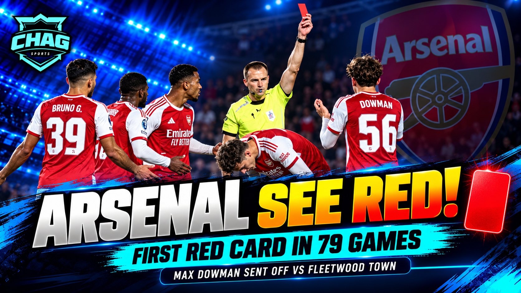 Arsenal players react as referee shows a red card to Max Dowman against Fleetwood Town, ending Arsenal’s 79-game run without a red card. Chag Sports football news graphic.