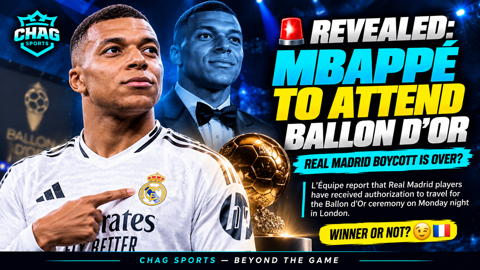 Kylian Mbappé in a Real Madrid shirt in a Chag Sports graphic about his reported attendance at the Ballon d’Or ceremony.