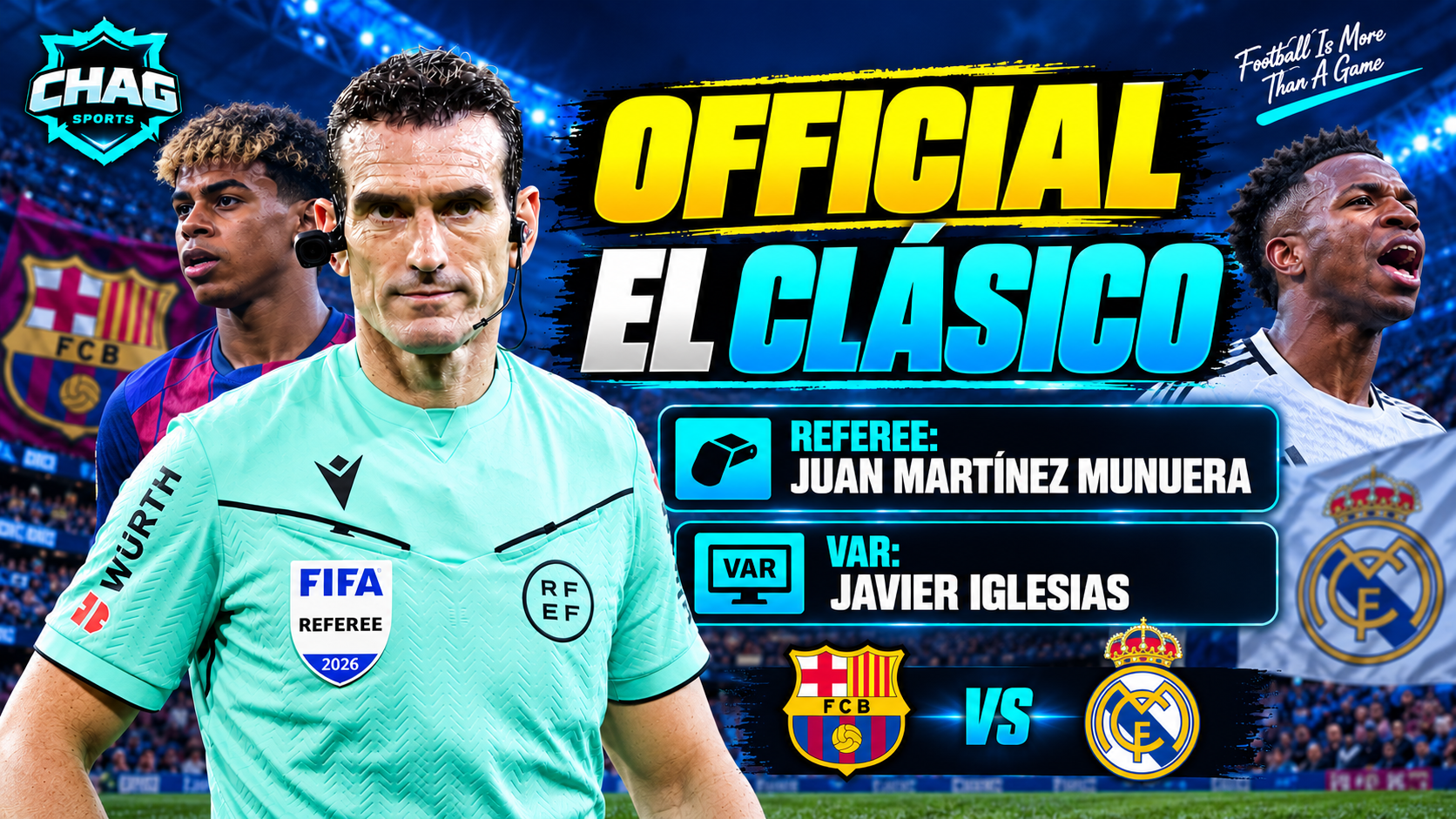 Juan Martínez Munuera pictured in his referee kit ahead of Barcelona vs Real Madrid, with VAR official Javier Iglesias named for El Clásico.