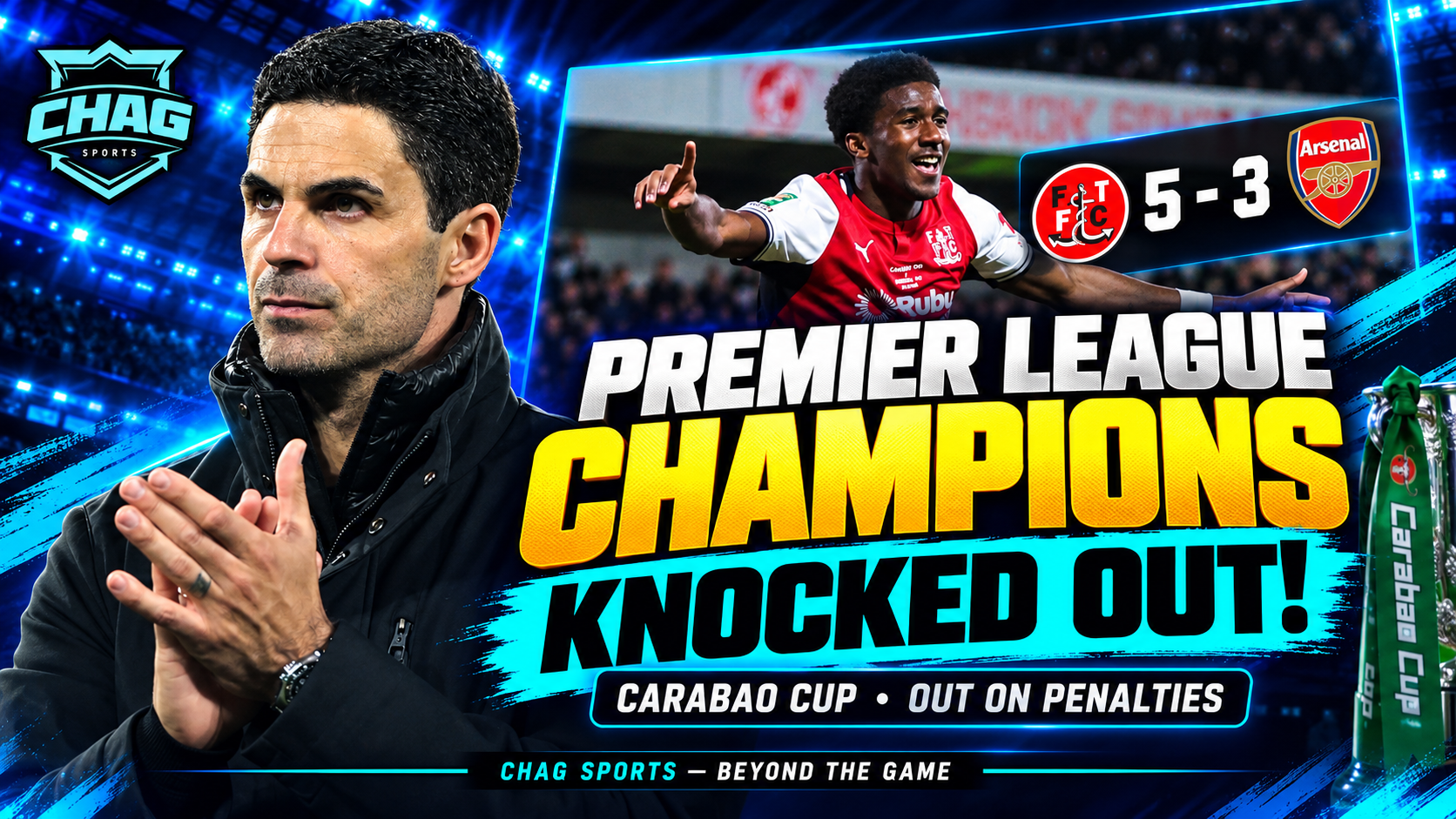 Fleetwood Town celebrate their historic Carabao Cup victory over Arsenal after winning 5–3 on penalties following a 1–1 draw, as Mikel Arteta looks on.