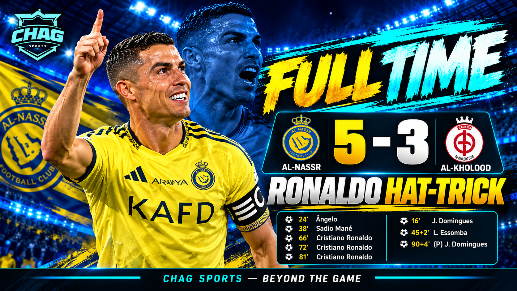 Cristiano Ronaldo celebrates his hat-trick for Al-Nassr in the 5–3 victory over Al-Kholood.