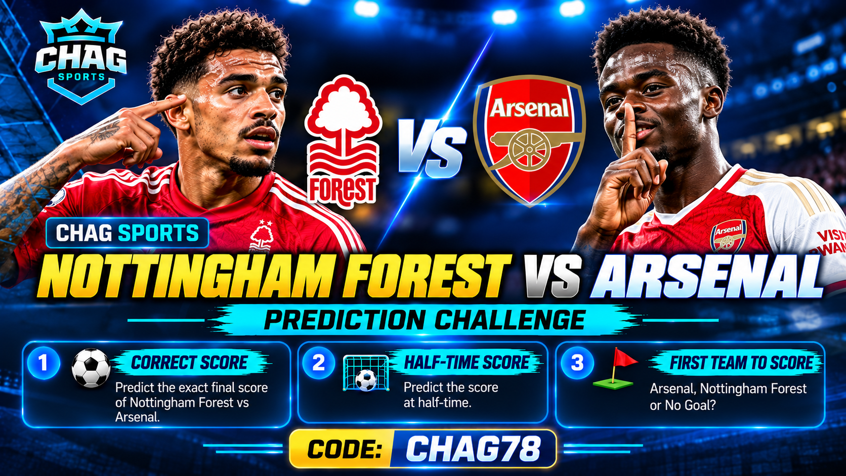 Chag Sports Nottingham Forest vs Arsenal prediction challenge featuring Morgan Gibbs-White and Bukayo Saka, with correct score, half-time score, and first team to score prediction options.