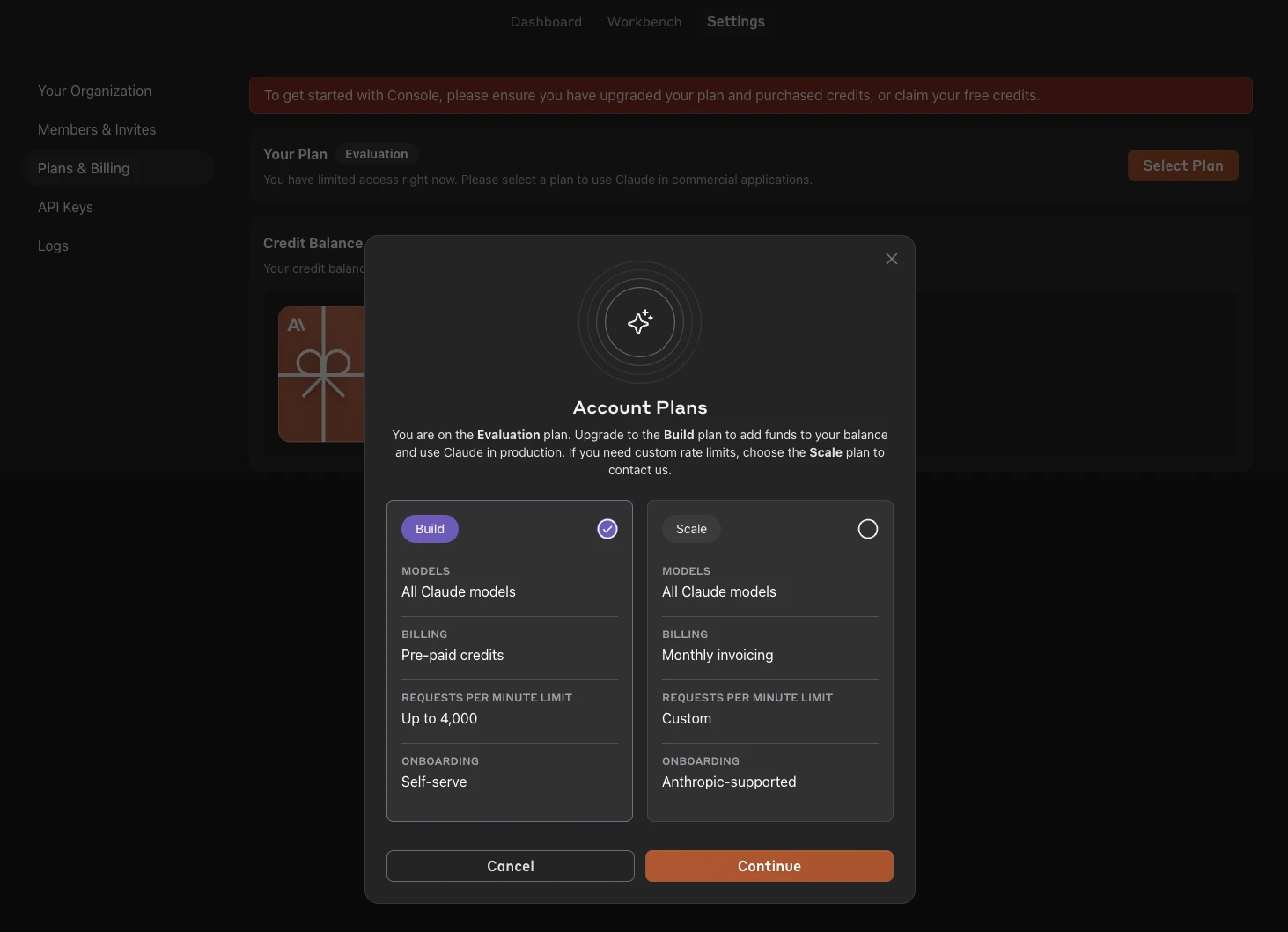 Options for API key creation and plan selection in Anthropic