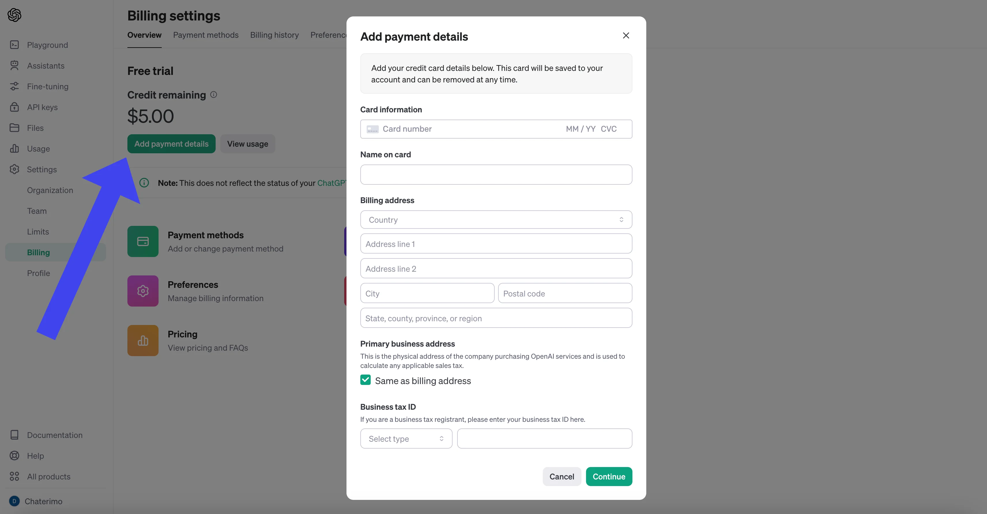 OpenAI billings site with add payments option