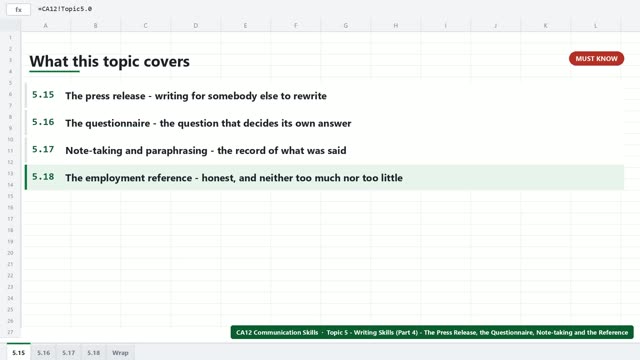 A frame from the Writing Skills - The Press Release, the Questionnaire, Note-taking and the Reference video lesson