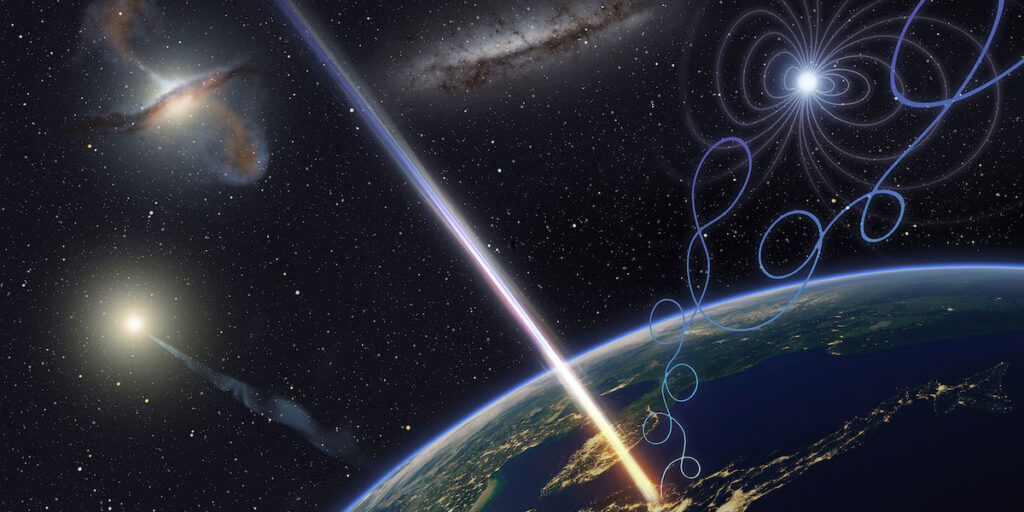 Konstnärlig illustration av kosmisk strålastronomi med ultrahög energi