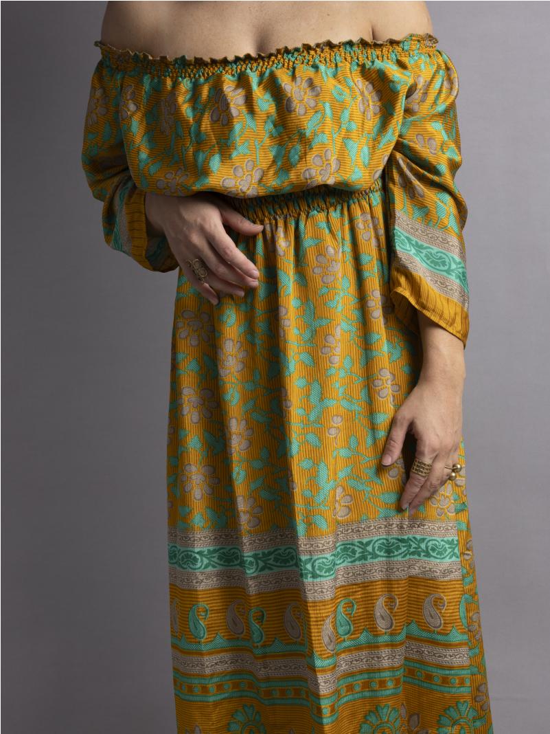 Abito Lungo Etnico con Scollo a Barca giallo e verde – Radha