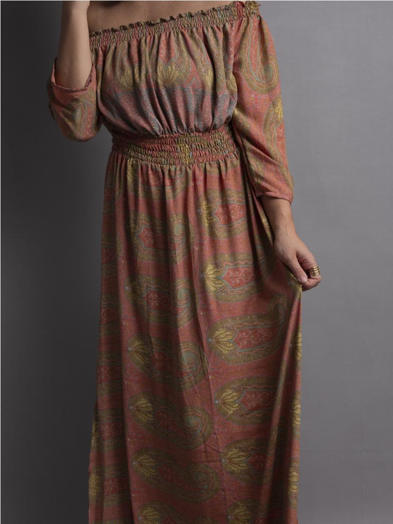 Abito Lungo Etnico con Scollo a Barca salmone – Radha