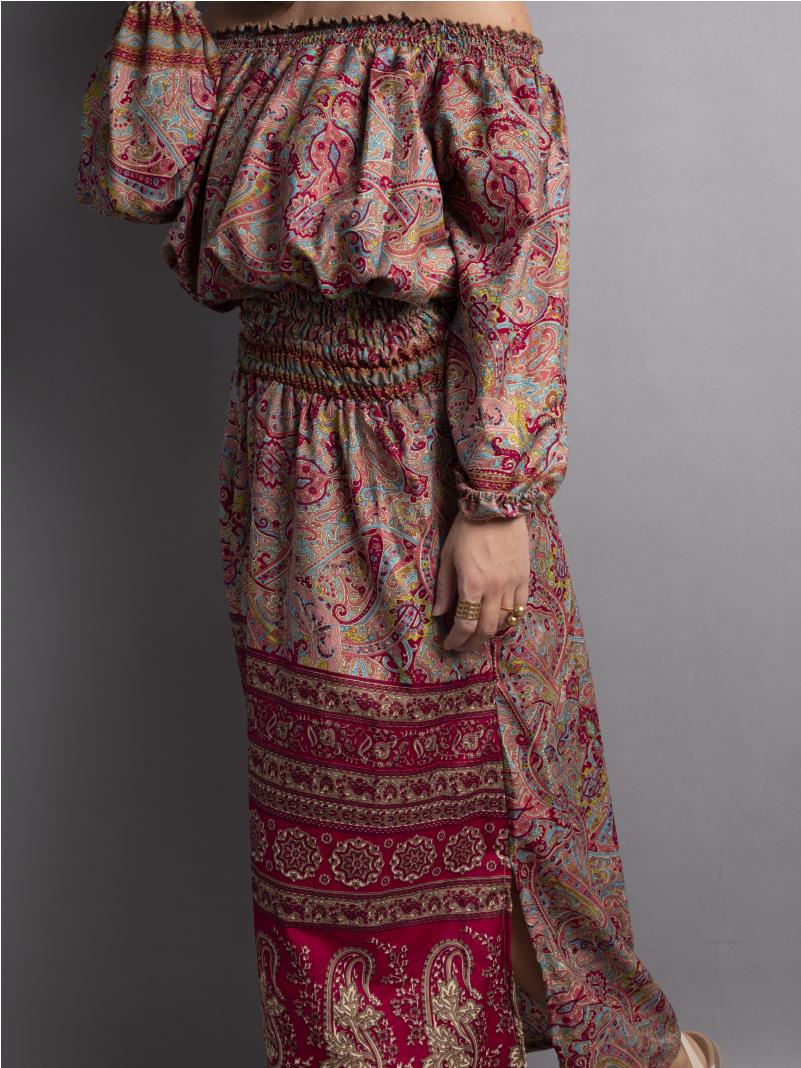 Abito Lungo Etnico con Scollo a Barca multicolor – Radha