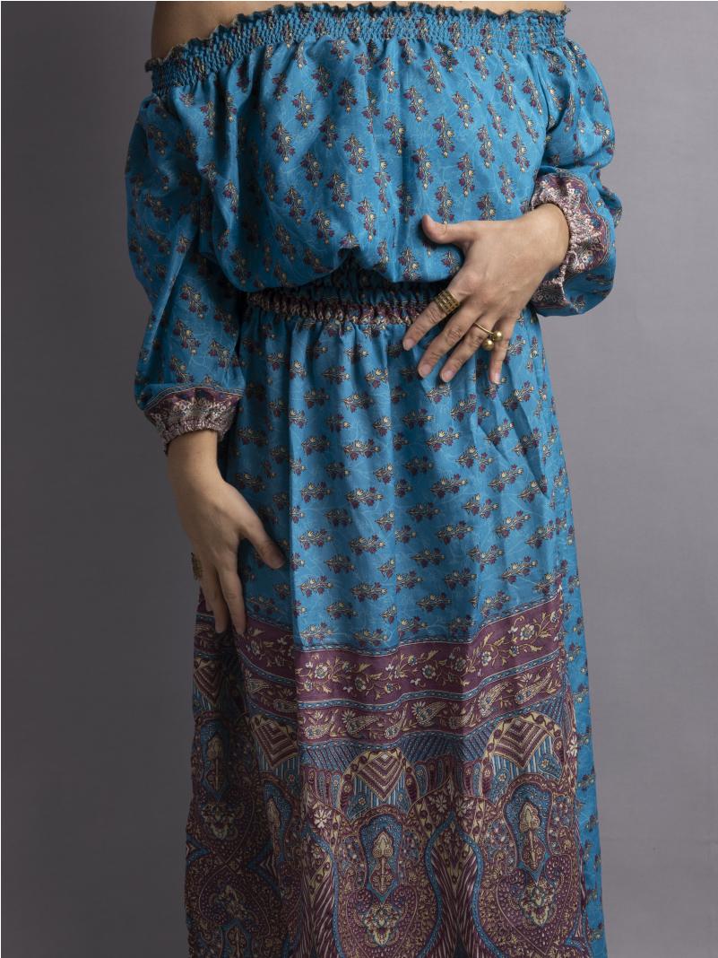 Abito Lungo Etnico con Scollo a Barca azzurro – Radha