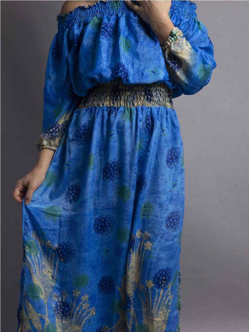 Abito Lungo Etnico con Scollo a Barca azzurro – Radha