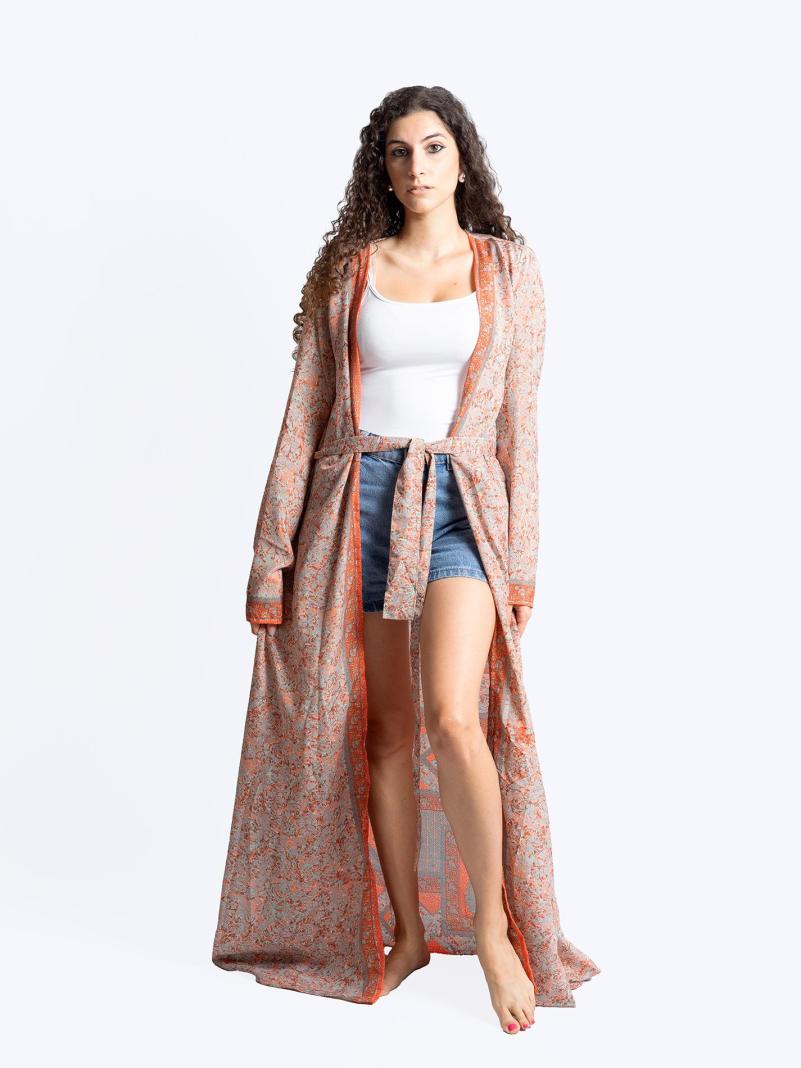 Kimono aperto arancione con fiori azzurri - Gujarat