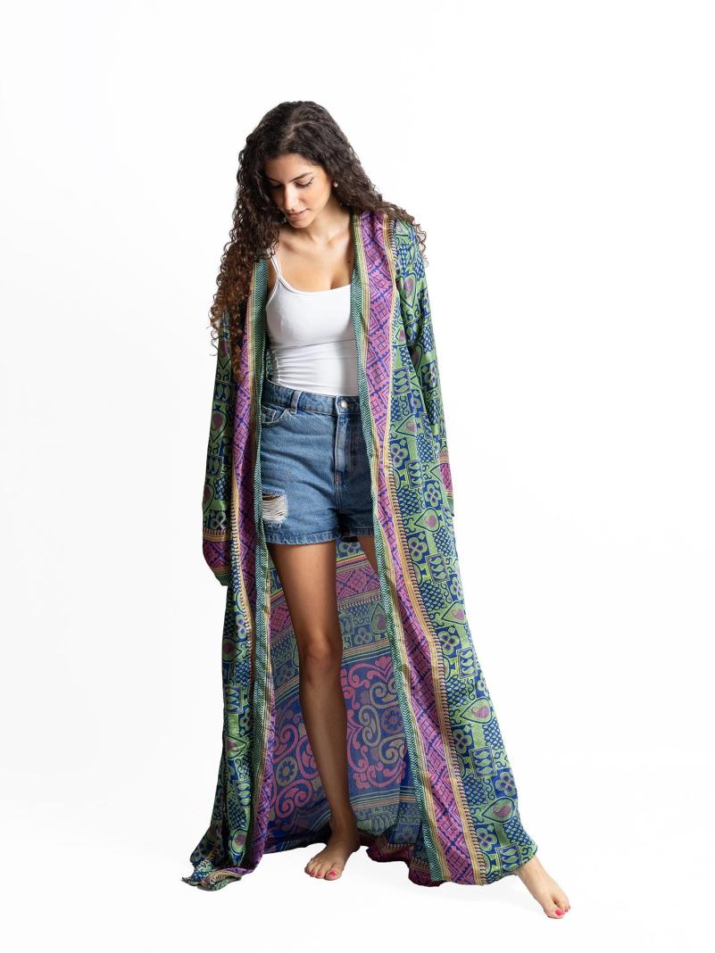 Kimono aperto blu e verde - Gujarat