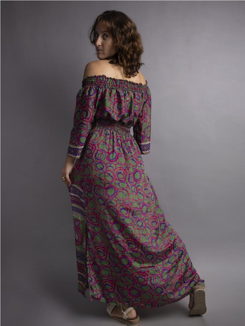 Abito Lungo Etnico con Scollo a Barca verde viola e Blu – Radha
