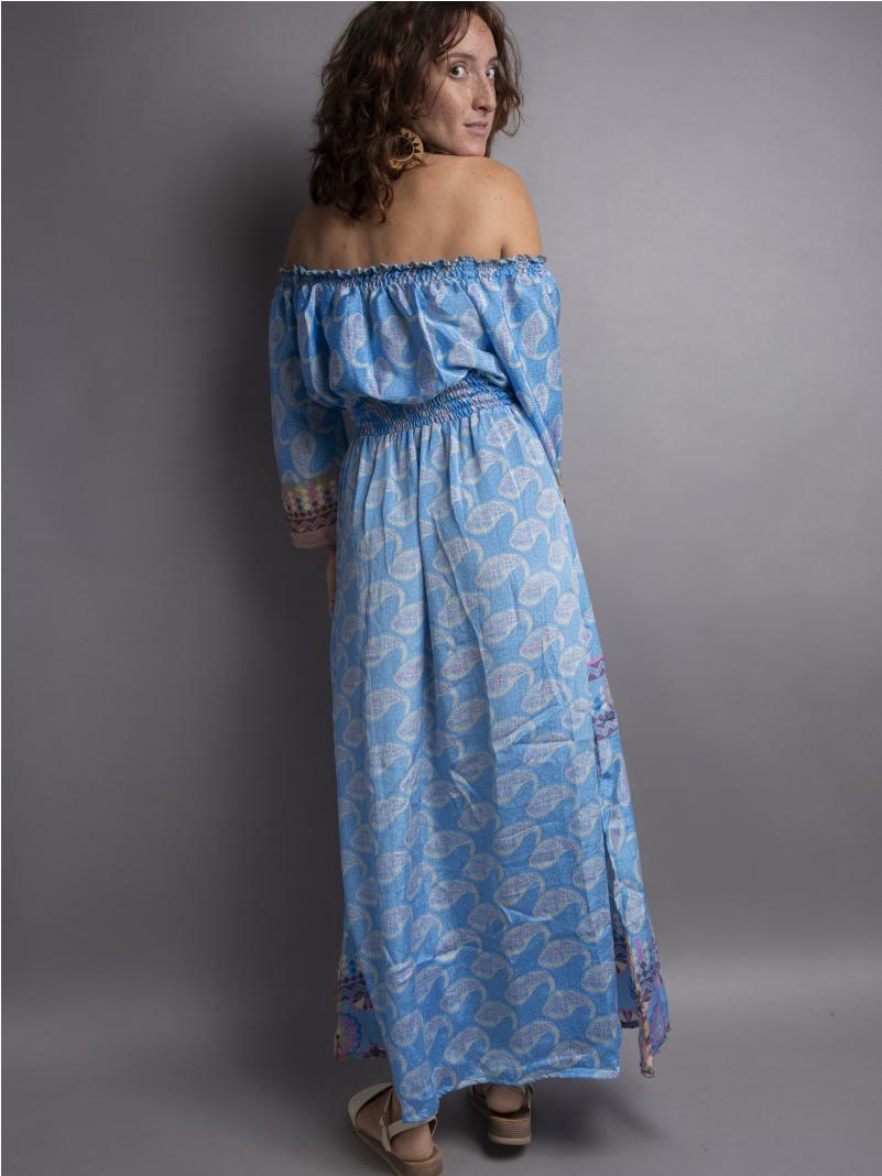 Abito Lungo Etnico con Scollo a Barca celeste – Radha