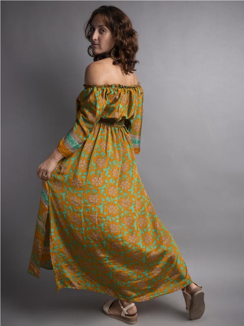 Abito Lungo Etnico con Scollo a Barca giallo e verde – Radha