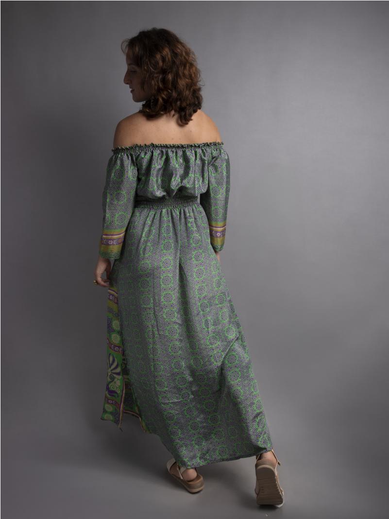 Abito Lungo Etnico con Scollo a Barca verde e viola – Radha
