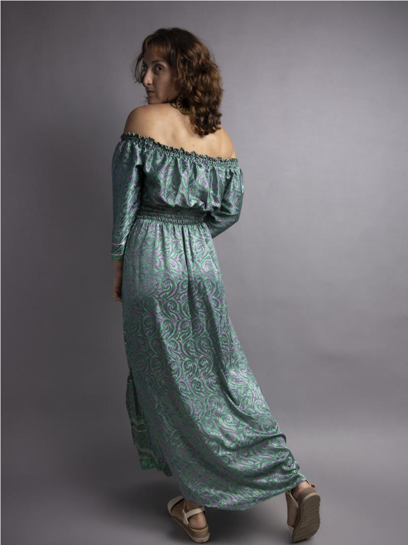 Abito Lungo Etnico con Scollo a Barca Verde e grigio – Radha