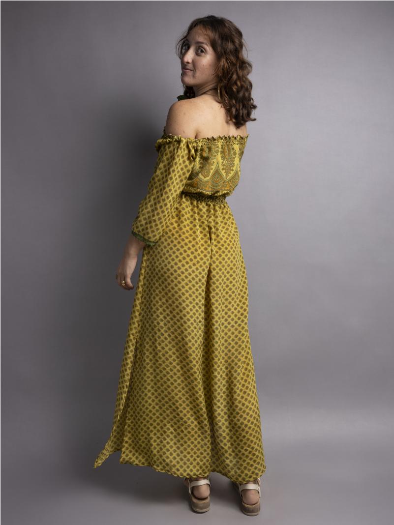 Abito Lungo Etnico con Scollo a Barca giallo – Radha