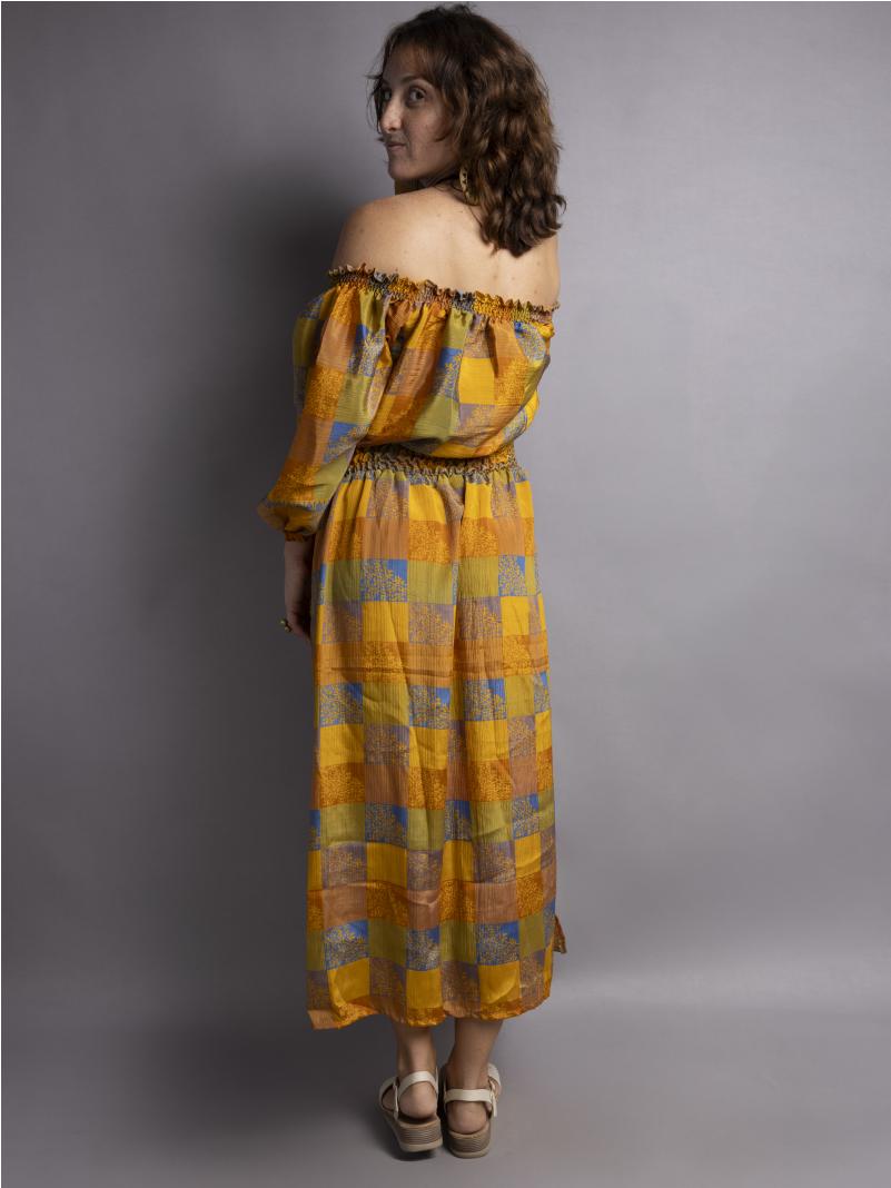 Abito Lungo Etnico con Scollo a Barca giallo – Radha