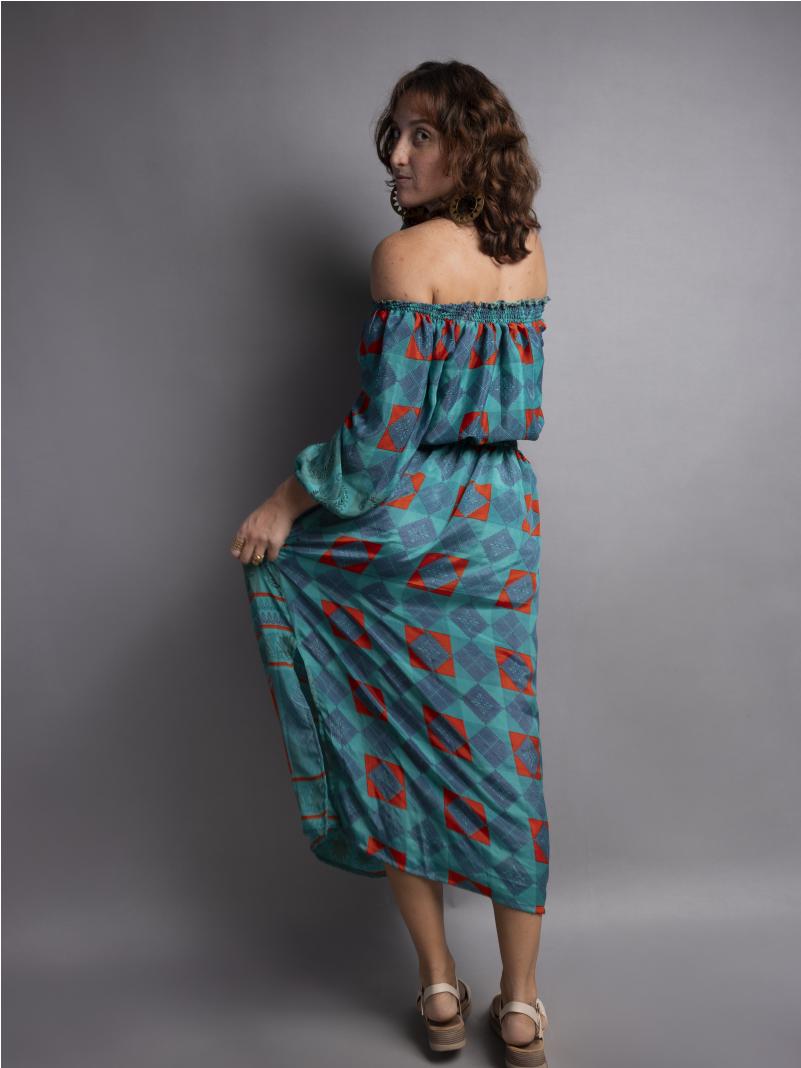 Abito Lungo Etnico con Scollo a Barca acquamarina – Radha