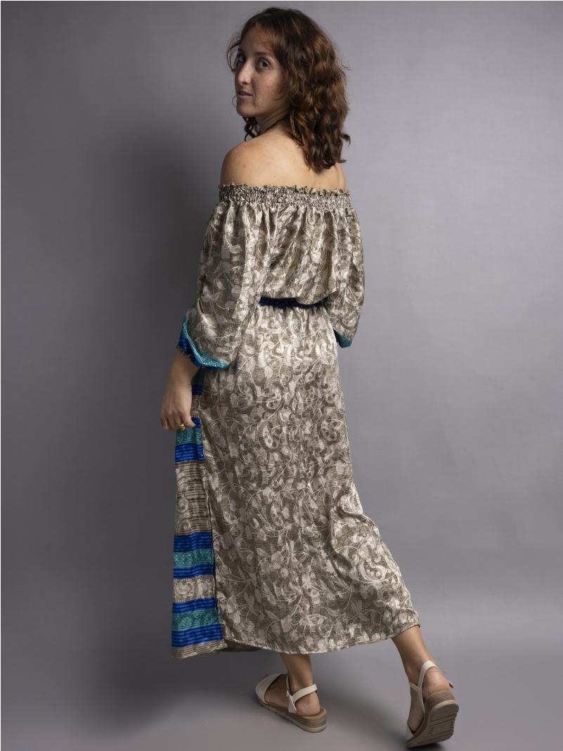 Abito Lungo Etnico con Scollo a Barca grigio e blu – Radha
