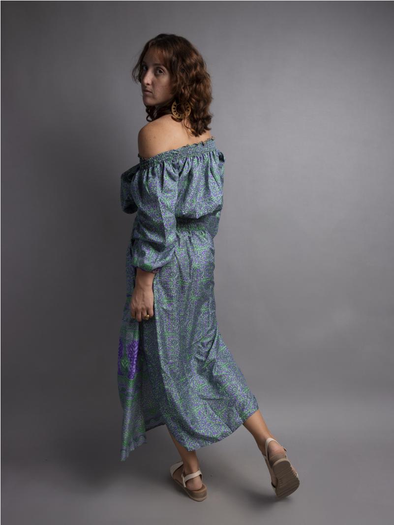 Abito Lungo Etnico con Scollo a Barca azzurro e viola – Radha