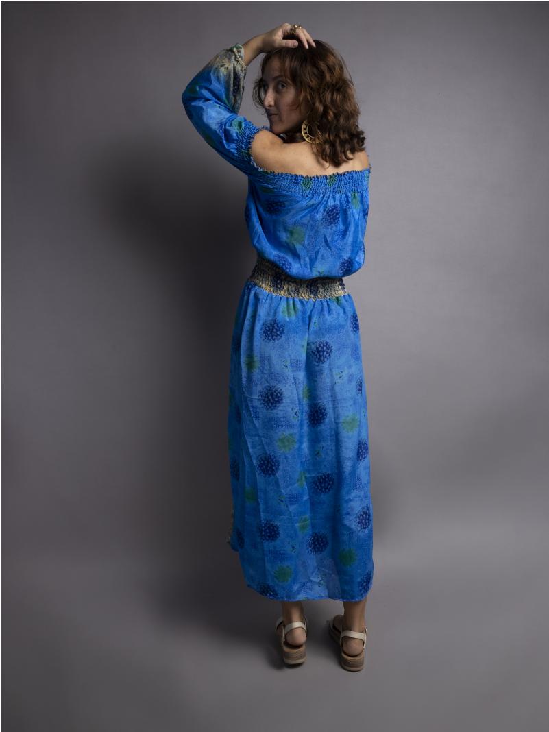 Abito Lungo Etnico con Scollo a Barca azzurro – Radha