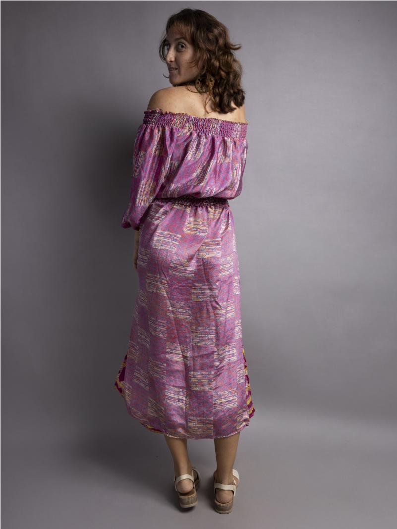 Abito Lungo Etnico con Scollo a Barca fucsia e arancione – Radha